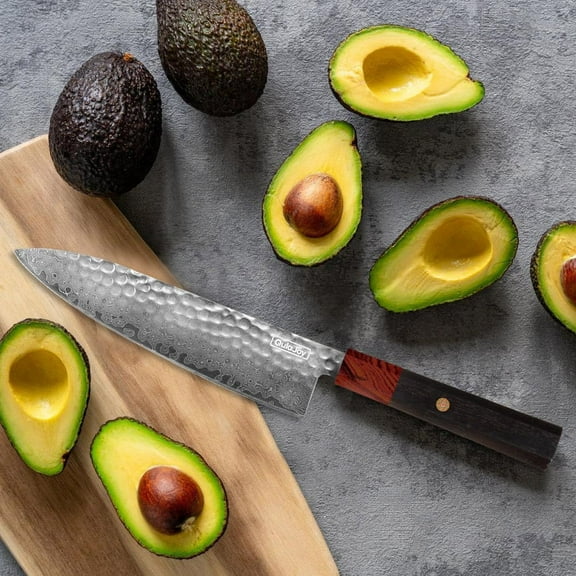 Qulajoy Chef Knife 8 Inch - Japanese Damascus VG-10 Super Steel Hammered Kitchen Knife - African Rosewood Octagonal Handle