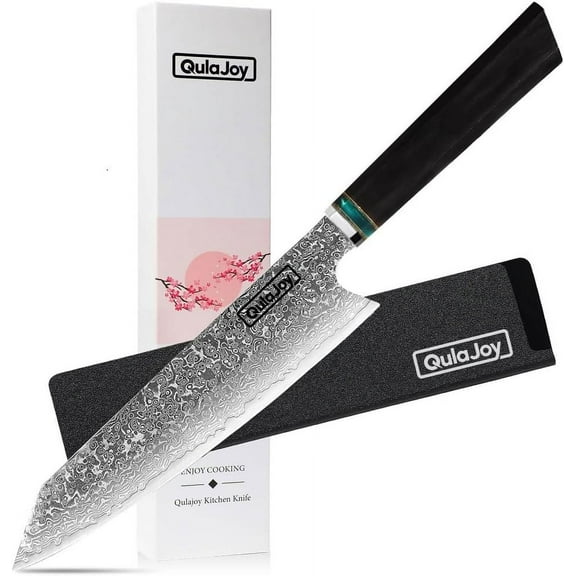Qulajoy Classic 8 Inch Kiritsuke Knife - Handcrafted Japanese 67 Layers Damascus VG-10 Steel Core - Professional Master Chef Knife - Octagonal Pakkawood Handle with Sheath