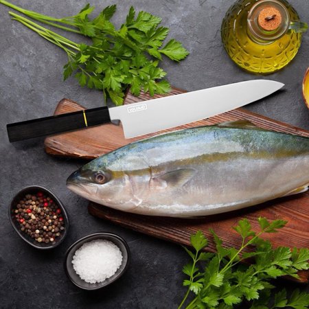 Qulajoy Classic Japanese Gyuto Chef Knife 9 Inch - Handcrafted VG-10 Steel Hand Forged Mirror Blade - Octagonal Ebony Wood Handle