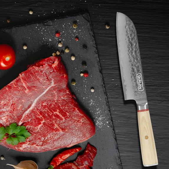 Qulajoy Damascus 7 Inch Santoku Knife, Professional Sharp Japanese Kitchen Knives with Ergonomic Wood Handle