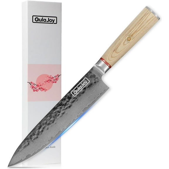 Qulajoy Damascus Chef Knife 8 Inch, Professional Japanese Kitchen Knives 67-Layers Damascus Cutting Knife, Sharp Cooking Knife for Home Outdoor with Ergonomic Wood Handle