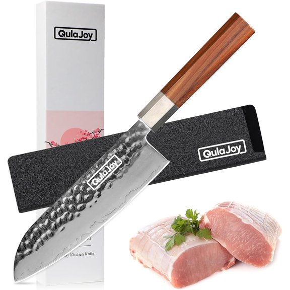 Qulajoy Santoku Knife 7 Inch - Hammered Japanese Chef Knife 9cr18mov Mirror Polishing Hand Forged Blade Kitchen Knife - Olivewood Handle with Sheath
