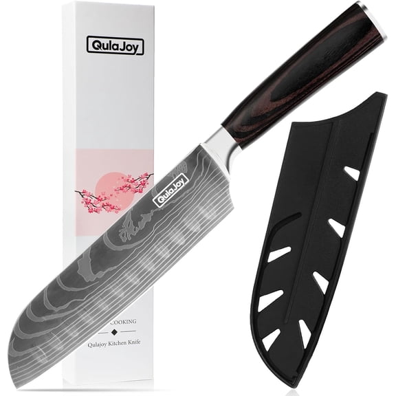 Qulajoy Santoku Knife 7 Inch, High Carbon Stainless Steel Chef Knife Japanese Kitchen Knives With Ergonomic Pakkawood Handle, Sharp Chopping Knife for Home Kitchen Cooking