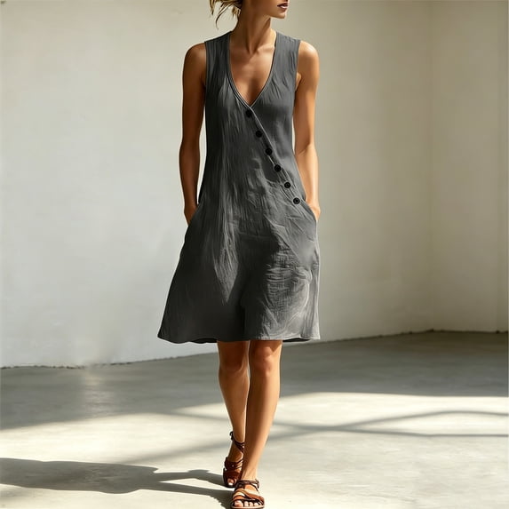 Qulqfy Cotton Dresses for Women Midi Solid Sleeveless Dressy Deep V-Neck Flowy Spring Wedding Guest Button Down with Pockets Sundress XL