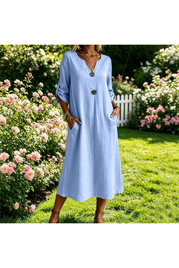 Solid Summer Dresses for Women 2026 Sleeveless 100% Cotton Maxi Wedding Guest Casual Vacation With Pockets Henley V-Neck Swing Beach Shift Blue
