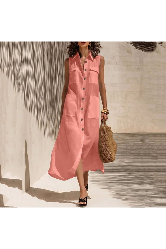 100%Cotton Summer Dresses for Women Plus Size Flowy Sleeveless Boho Maxi Beach with Pockets Button Down Pink Flowy A-Line Sundress 2XL