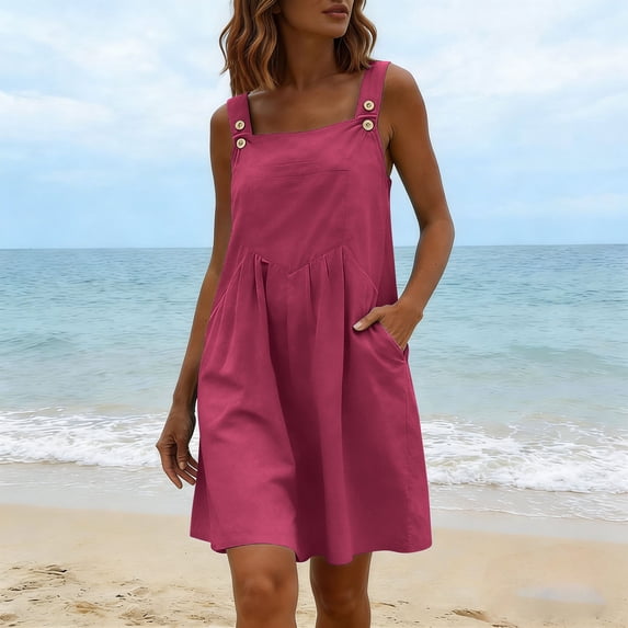 Qulqfy Plus Size Womens Summer Dresses Cotton Sleeveless Hot Pink Midi Flowy Beach Button Casual Square Neck Ruched with Pockets A-Line Sundress 2XL