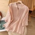 thumbnail image 1 of Qulqfy 3/4 Length Sleeve Ladies Tops and Blouses Solid Casual V-Neck Loose Fit Cotton Linen Pleat Work Fall Flowy Womens Tops Summer Pink 2XL, 1 of 5