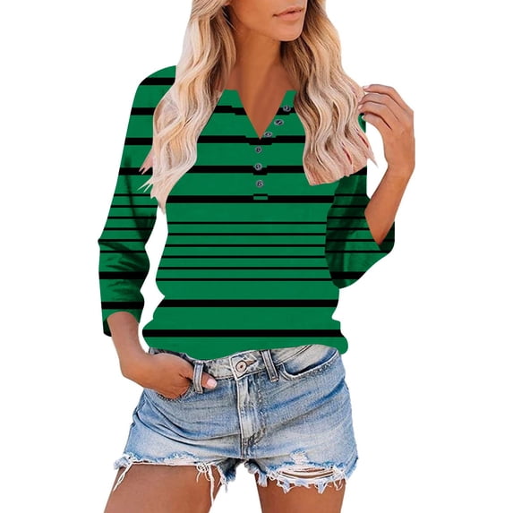 Qulqfy 3/4 Length Sleeve Womens Graphic T Shirts V-Neck Causal Slim Fit Tunic Basics Button Vacation Raglan Tops for Women Trendy L