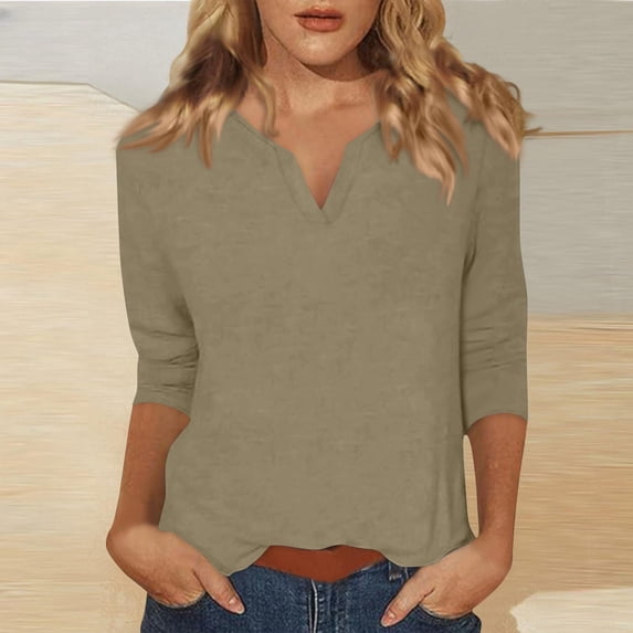 Qulqfy 3/4 Length Sleeve Womens T Shirts V-Neck Causal Slim Fit Tunic Vacation Basics Tops for Women Trendy XL