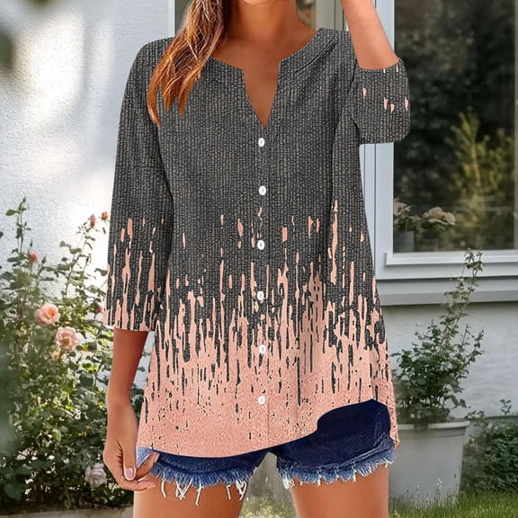 Qulqfy 3/4 Sleeve Button Down Shirts for Women Tunic Cotton Linen Tops V Neck Graphic Dressy Fall Shirts Blouses for Women L