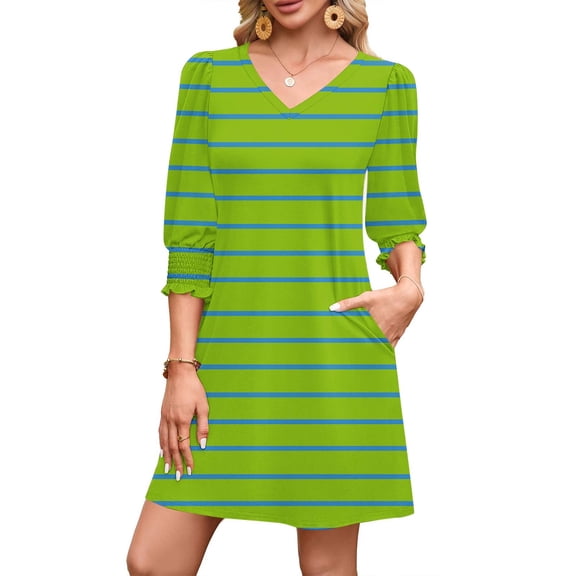 Qulqfy 3/4 Sleeve Dresses for Women Mini Green Casual Striped Short Tunic V Neck Dresses Winter Dresses for Women 2025 M