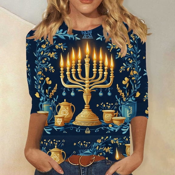Qulqfy 3/4 Sleeve Hanukkah Shirts for Women Funny Plus Size Tops Crew Neck Chanukah Menorah Holiday Novelty Tops Womens Blouses XL