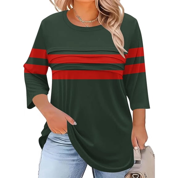 Qulqfy 3/4 Sleeve Shirts for Women Smocked Plus Size Spring Shirts Fall Dressy Casual Crew Neck Striped Tops Striped Blouses for Women 3XL