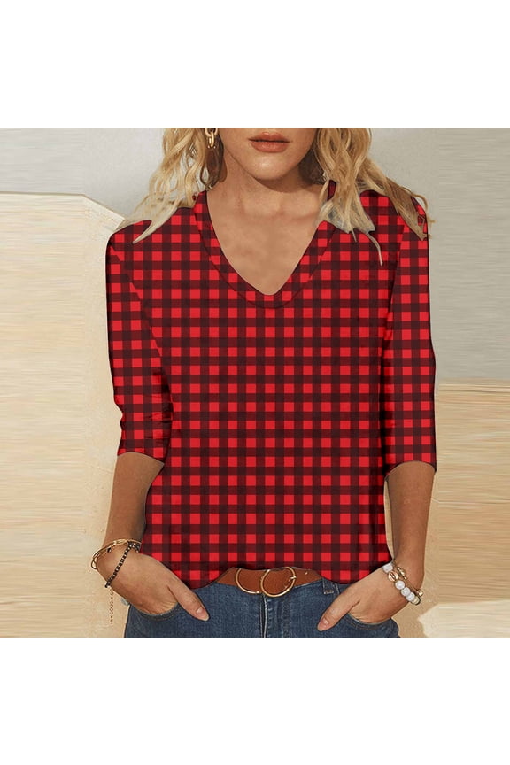 3/4 Sleeve Tops for Women Gingham Plus Size Spring Shirts V Neck Plaid Fall Dressy Casual Tops Blouses for Women S