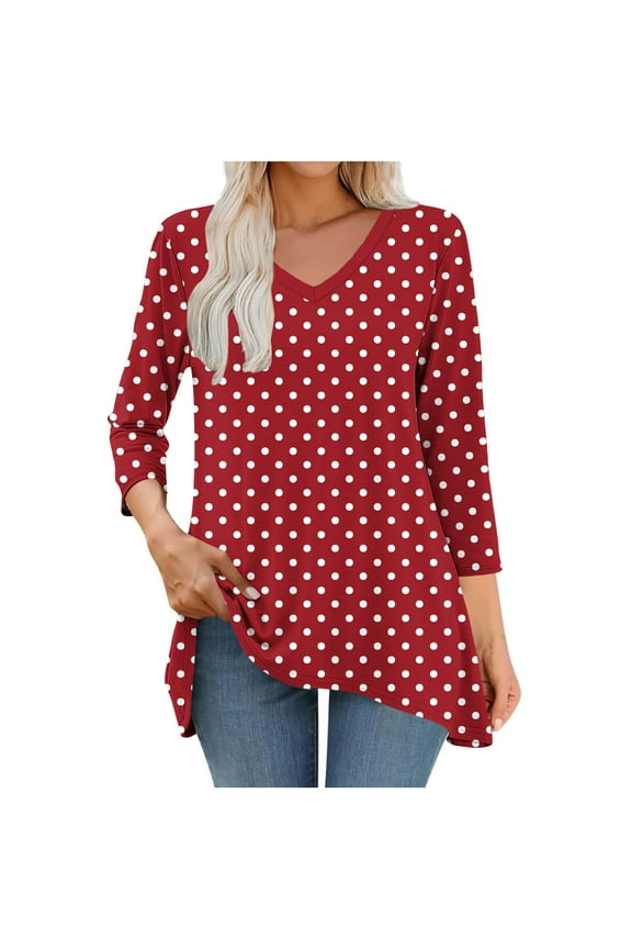 3/4 Sleeve Tops for Women Spring Tunic Shirts Flowy V Neck Polka Dot Dressy Casual Tops Polka Dot Blouses for Women S