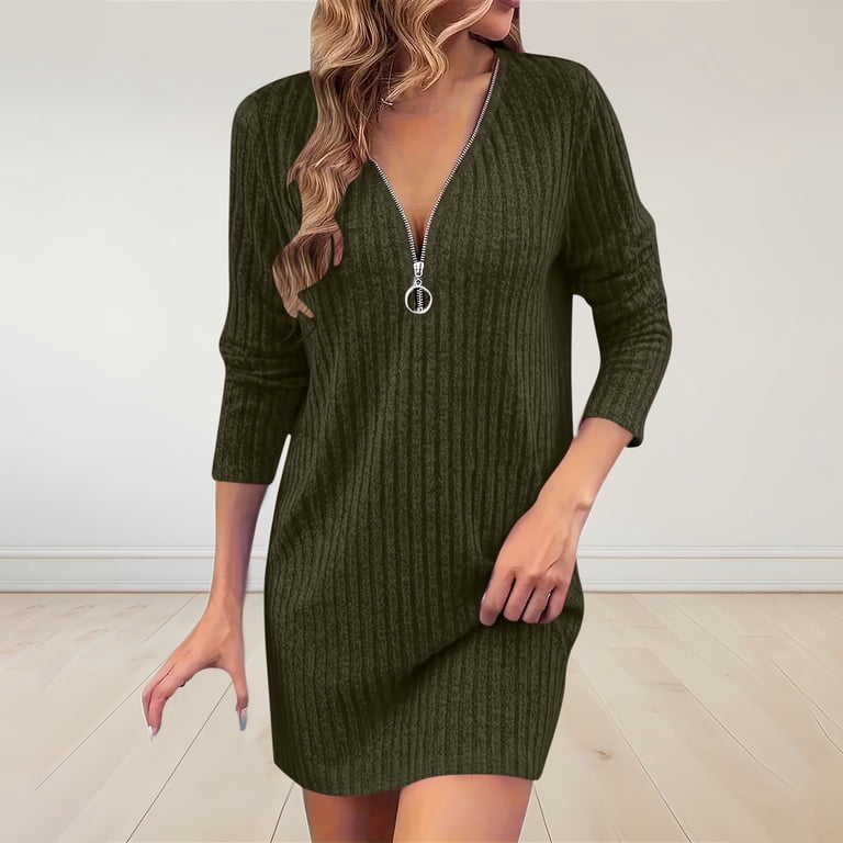 Qulqfy 3/4 Sleeve Women Dresses Ribbed Knit Casual Green Mini Fashion Zipper Front V Neck Dresses Womens Dresses Fall M, Women's, Size: Medium