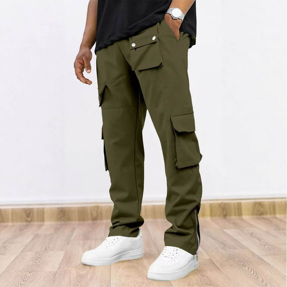 Qulqfy Baggy Pants for Men Hiking Cargo Green Stretch Pants Elastic Waist Zipper Pants Wide Leg Pants for Men L