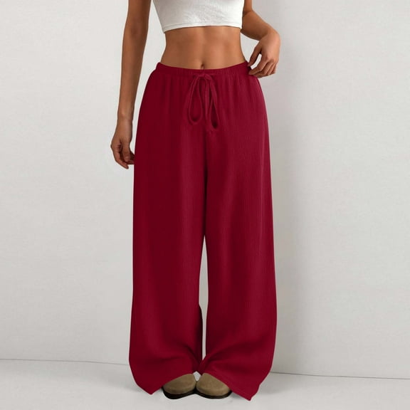 Qulqfy Baggy Pants for Women Mid Rise Wide Leg Flowy Casual Red Workout Comfy Pants XL