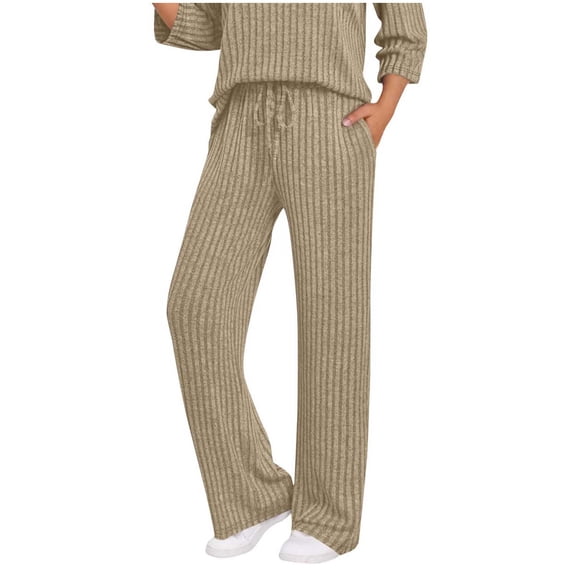 Qulqfy Baggy Pants for Women Trendy Wide Leg Beige Ribbed High Waisted Casual Drawstring Soft Lounge Pants Women Fall Outfits 2025 XL