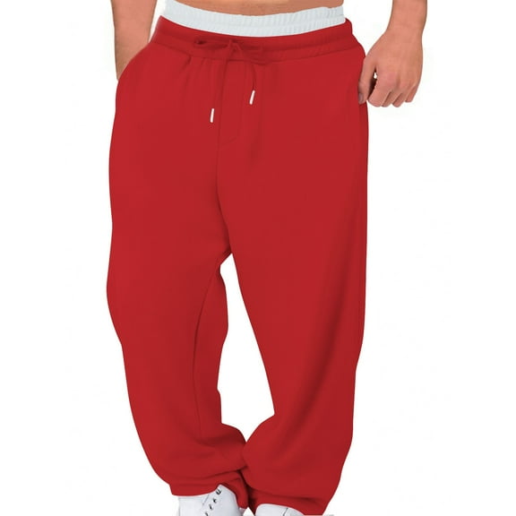Qulqfy Baggy Sweatpants for Women Uncuffed Red Sweat Pants Comfy Double Layered Elastic Waist Wide Leg Pants for Women