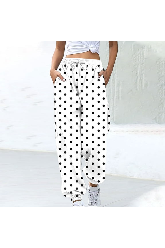Baggy Women Sweatpants Wide Leg High Waisted White Drawstring Lounge Athletic Polka Dot Workout Joggers Pants Women S