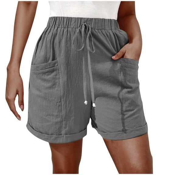 Qulqfy Baggy Women's 2025 Bermuda Gray Solid Color Drawstring High Waisted Cuffed Shorts Girl Pants L