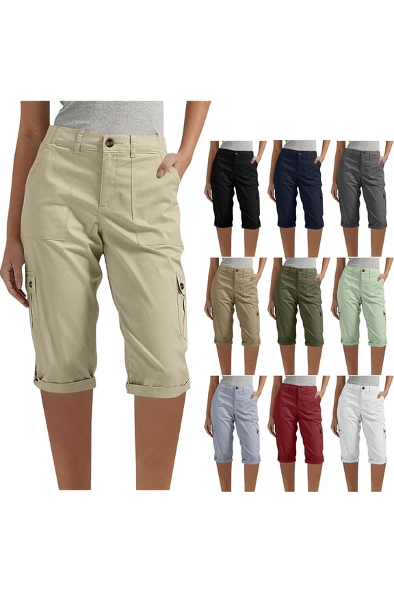 Baggy Women's Pants Beige Cargo Capri High Waisted Petite Stretchy Solid Color Pants Girl Pants L