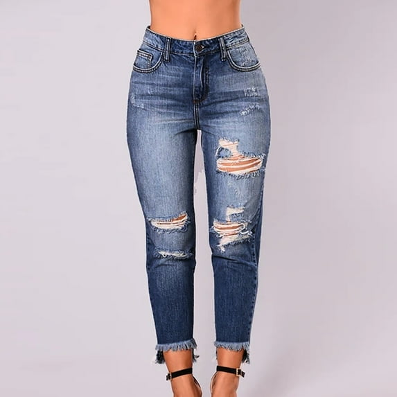 Qulqfy Barrel Leg Women's Jeans in Store 7/8 Length Ripped Blue Stretchy Casual Petite Jeans Womens Trousers Slacks L