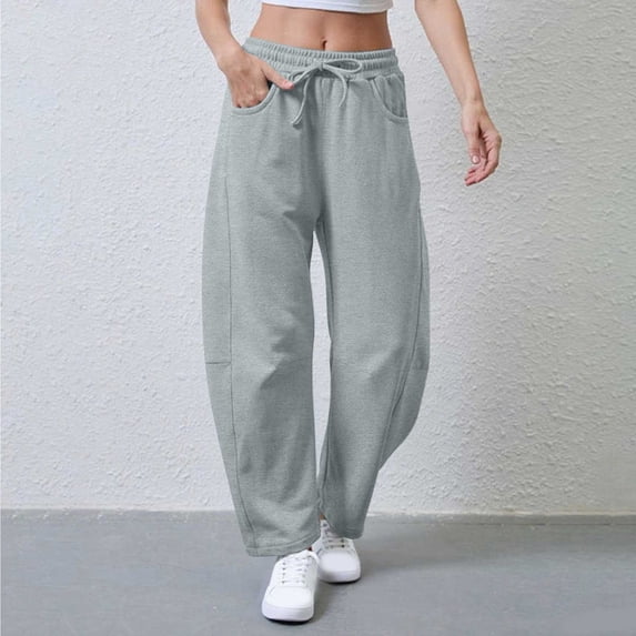 Qulqfy Barrel Sweatpants for Women Wide Leg Baggy Gray Drawstring Gym Joggers Women Workout Sweatpants 2XL