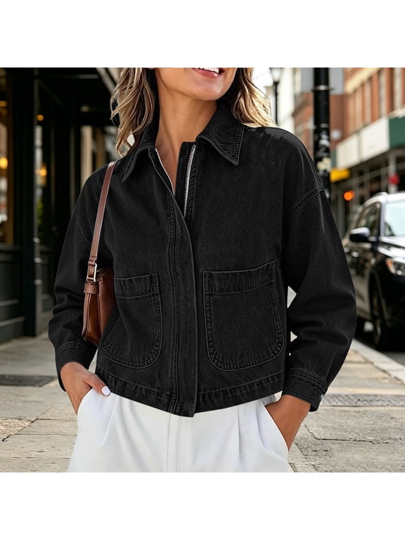 Basic Cropped Jean Jacket for Women Long Sleeve Trendy Oversized Black Casual Stretch Fitted Button Down Denim Jacket Fall Coat S