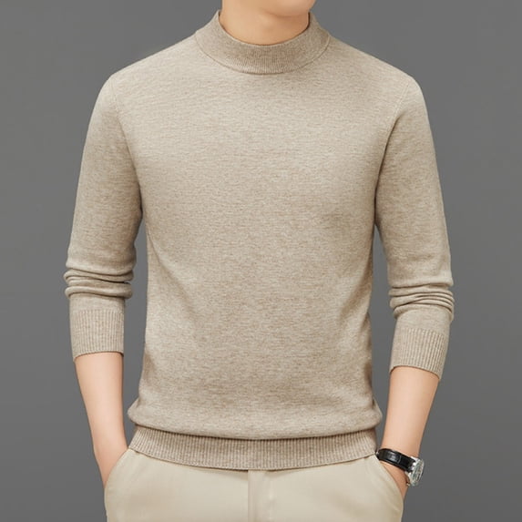 Qulqfy Basic Men's Sweaters Knit Classic Pure Beige Winter Mock Neck Casual Long Sleeve Fall Sweater Mens Undershirts XL