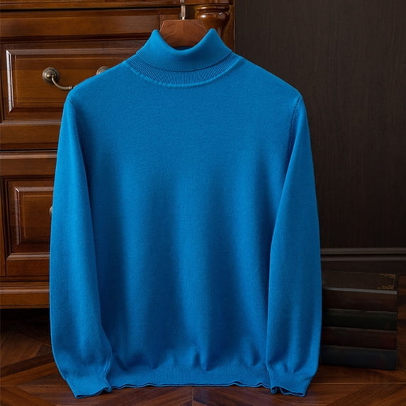 Qulqfy Basic Mens Sweaters Blue Slim Fit Pure Knit Long Sleeve Fall Winter Turtleneck Casual Sweater Men's Shirts XL