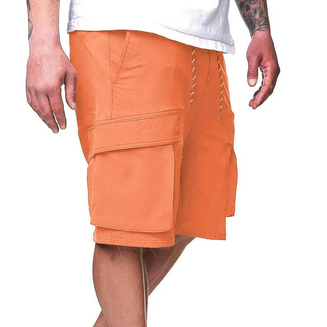 Qulqfy Basketball Shorts Men Orange Cargo Summer Cotton Shorts Elastic Waist Knee Length Outdoor Shorts with Pockets for Men M