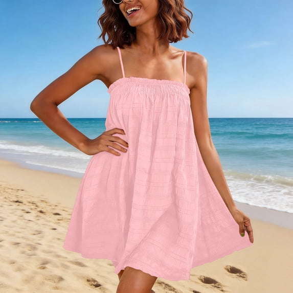 Qulqfy Beach Dresses for Women Casual Sleeveless Solid Mini Square Neck Ruffle Vacation Flowy Spring Sundress XL