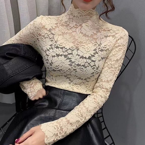 Qulqfy Beige Long Sleeve Shirt for Women Turtleneck Lace Plus Size Going Out Blouses Tunic Shirts for Women