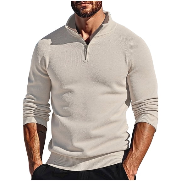 Qulqfy Beige Men's Sweaters Winter Fall Long Sleeve Slim Fit Knit Pullover Quarter Zip Casual Sweaters Mens Undershirts M