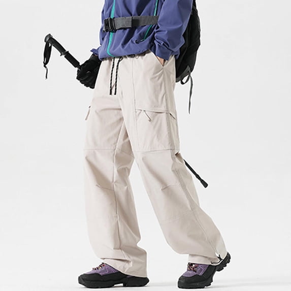 Qulqfy Beige Pants Men Stretch Cargo Parachute Hiking Pants Waterproof Wide Leg Baggy Pants Travel Pants for Men L