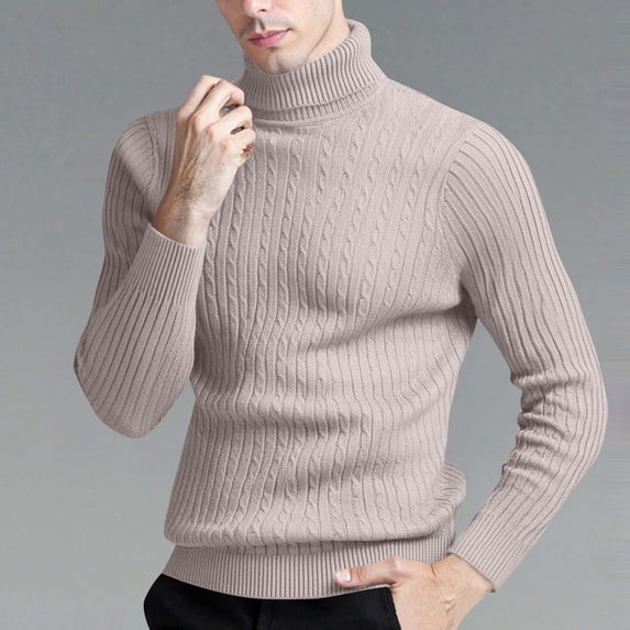 Qulqfy Beige Sweater Men Stretchy Casual Slim Fit Cable Knit Winter Long Sleeve Fashion Turtleneck Fall Sweater Mens Shirt L