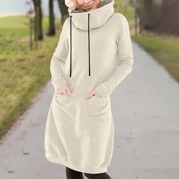Qulqfy Beige Sweatshirt Dresses for Women Midi Long Sleeve Solid Casual Turtleneck Dresses with Pockets Womens Dresses Fall XL