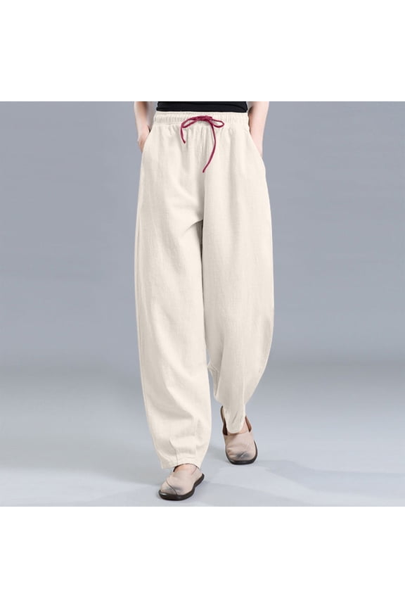 Beige Women's Pants 2025 Cotton Linen Baggy Plus Size Comfy High Waisted Pants Scrubs for Women Pants XXL