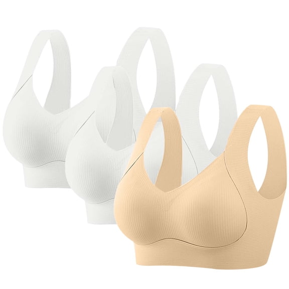 Qulqfy Beige Womens Bras Plus Size Push Up No Underwire Support Full Coverage Seamless U Back Wide Straps 3 Pack Bras T Shirt Bra 3XL