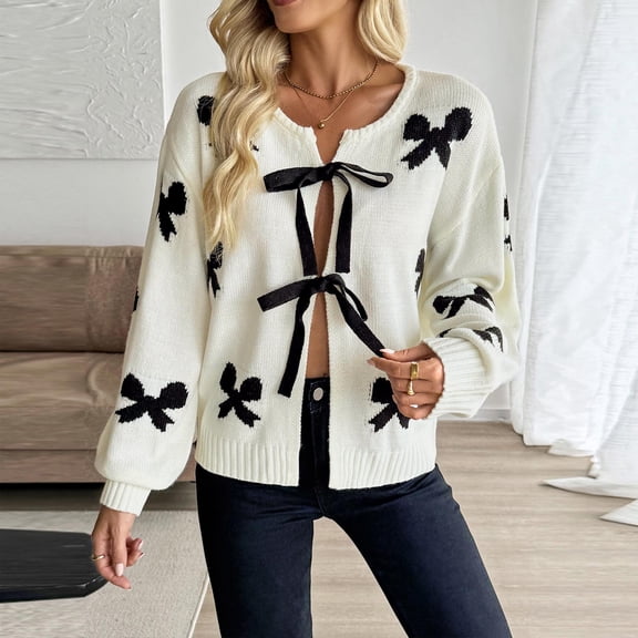 Qulqfy Beige Womens Cardigan Sweaters Crew Neck Long Sleeve Knit Fashion Bow Tie Front Shirts Thin Sweaters for Women Lightweight S