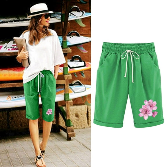 Qulqfy Bermuda Women Shorts Summer Green Baggy Knee Length Wide-Leg High Waisted Shorts Lightweight Pants for Women XL