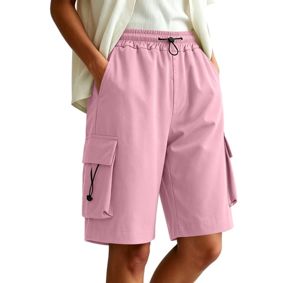 Qulqfy Biker Cargo Shorts for Women High Waist Wide Leg Baggy Lightweight Drawstring with 4 Pockets Pink Summer Shorts