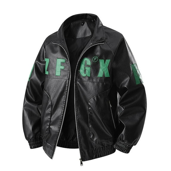 Qulqfy Biker Motorcycle Jackets for Men Black Long Sleeve Leather Stand Collar Zip Up Graphic Jackets Mens Coats L