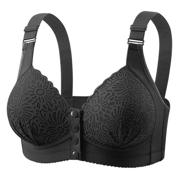 Qulqfy Black Bra for Women Full Coverage Front Closure No Underwire Push Up Lace Lift Bras Tshirt Bra L