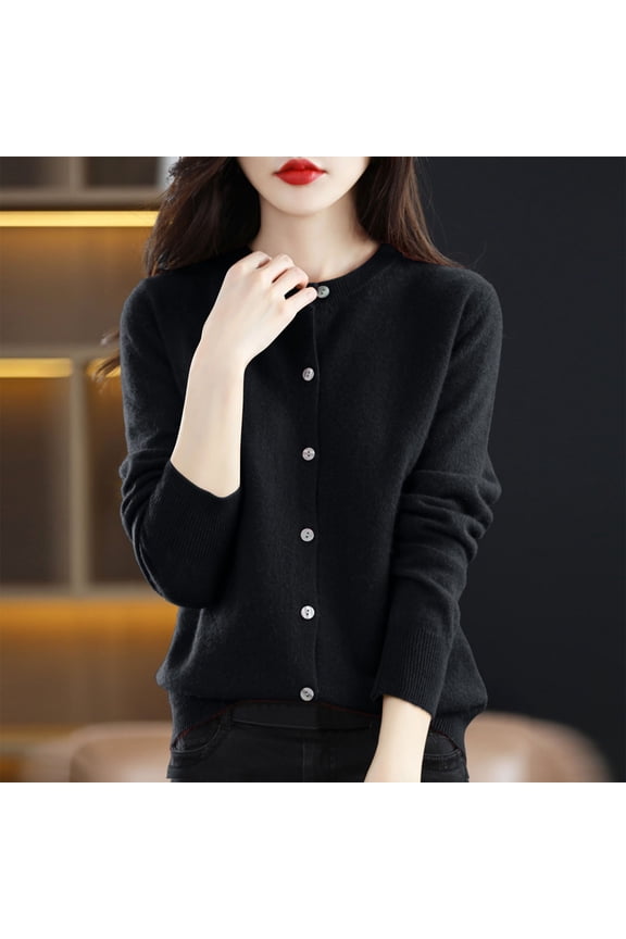 Black Cardigan Sweaters Women Long Sleeve Button Up Crew Neck Sweaters Lightweight Fall Womens Plain Tops L
