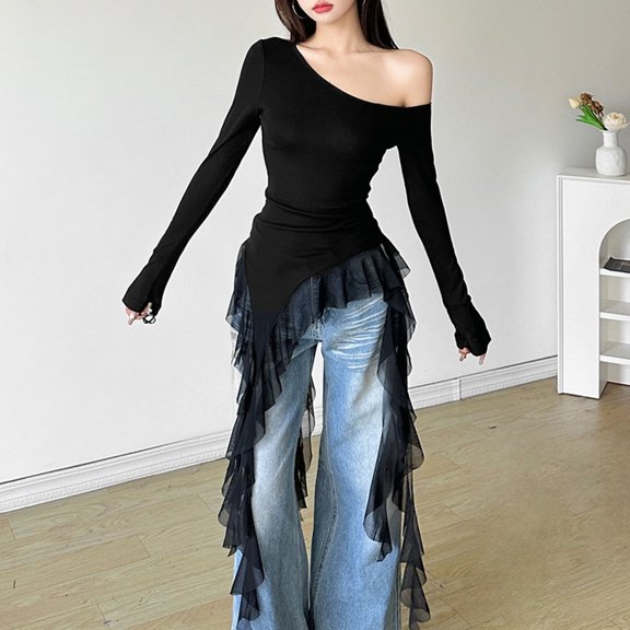 Qulqfy Black Long Sleeve Shirt Women Off the Shoulder Going Out Blouses Tassel Fitted Shirts for Women