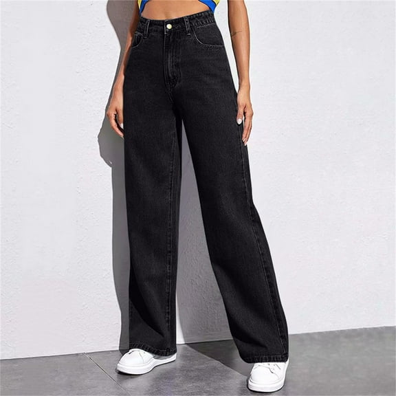 Qulqfy Black Summer Jeans for Women Baggy Wide Leg Bootcut Casual with Pocket High Waisted Trendy Jeans Women Trouser L